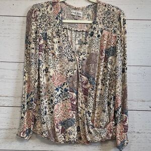 Knox Rose Faux Wrap Patterned Long Sleeved Blouse, size XL